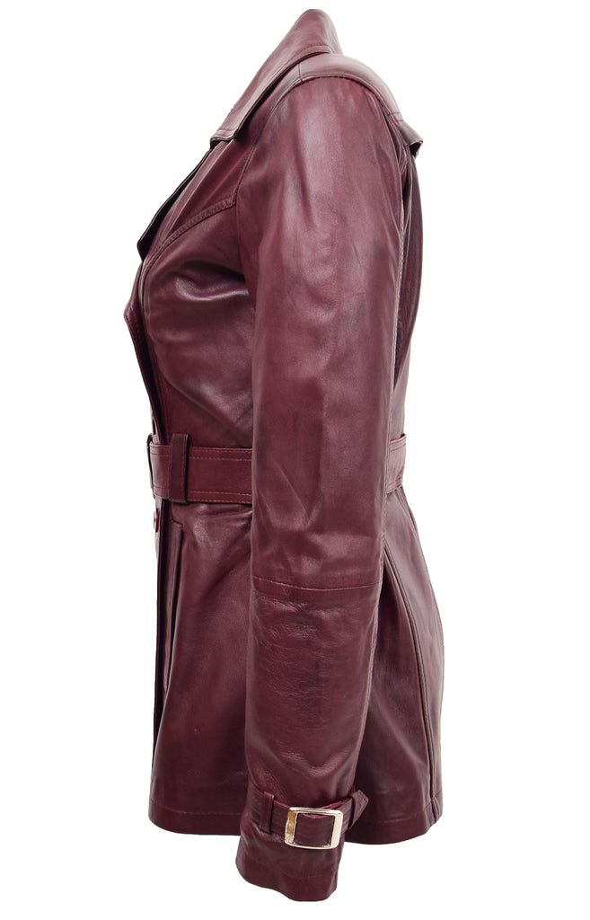 DR201 Women's Leather Buttoned Coat With Belt Smart Style Burgundy 5