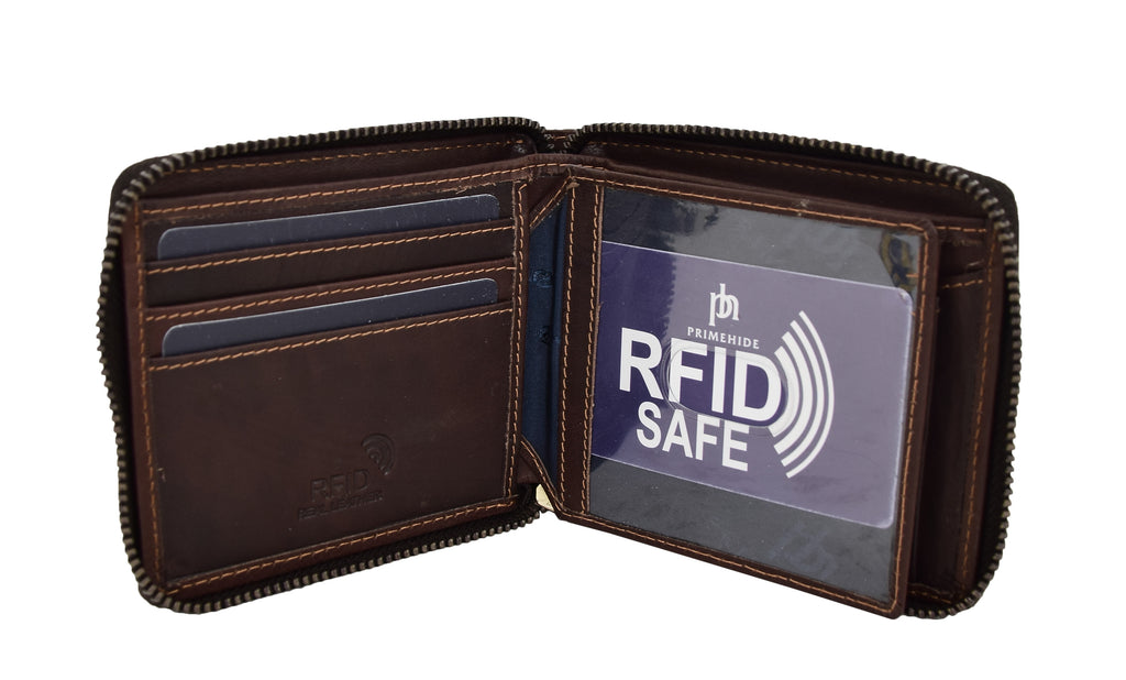 DR411 Men's Rfid Zip Around Real Leather Cards Coins Wallet Brown 5