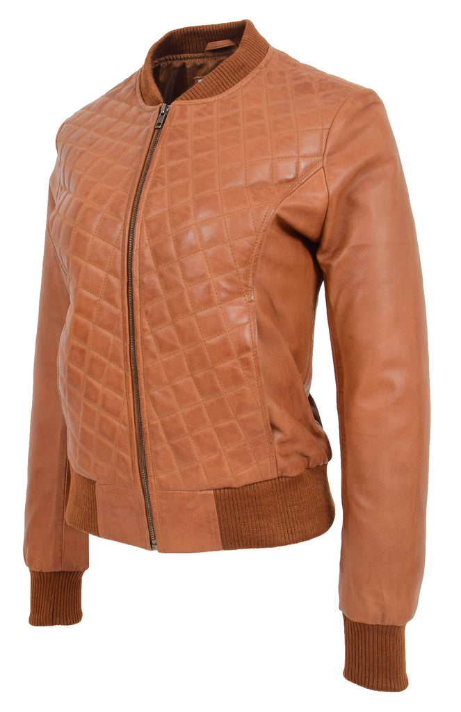 DR211 Women's Quilted Retro 70s 80s Bomber Jacket Tan 5