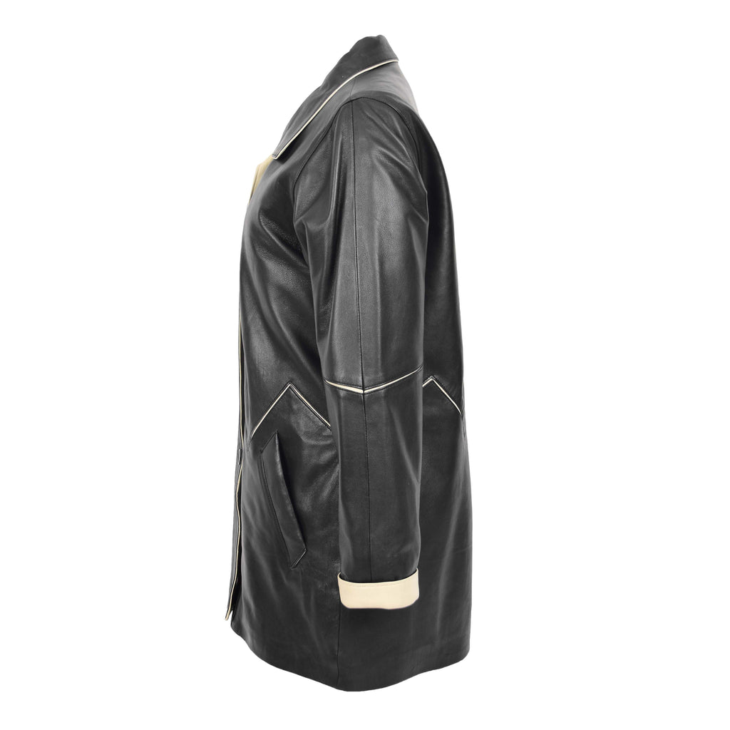 DR203 Ladies Classic Parka Real Leather Coat Trim Jacket Black-Beige 3