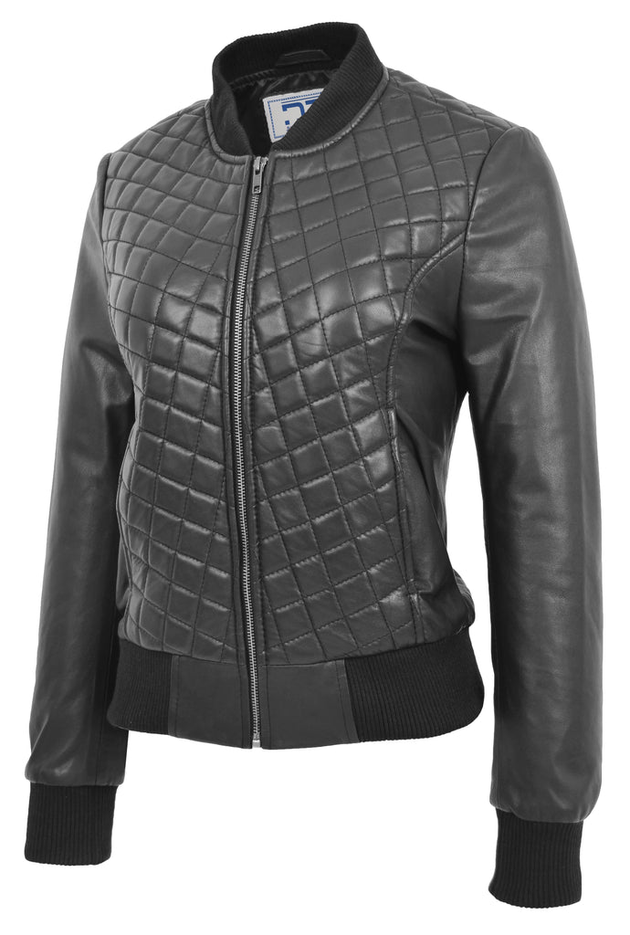 DR211 Women's Quilted Retro 70s 80s Bomber Jacket Black 5