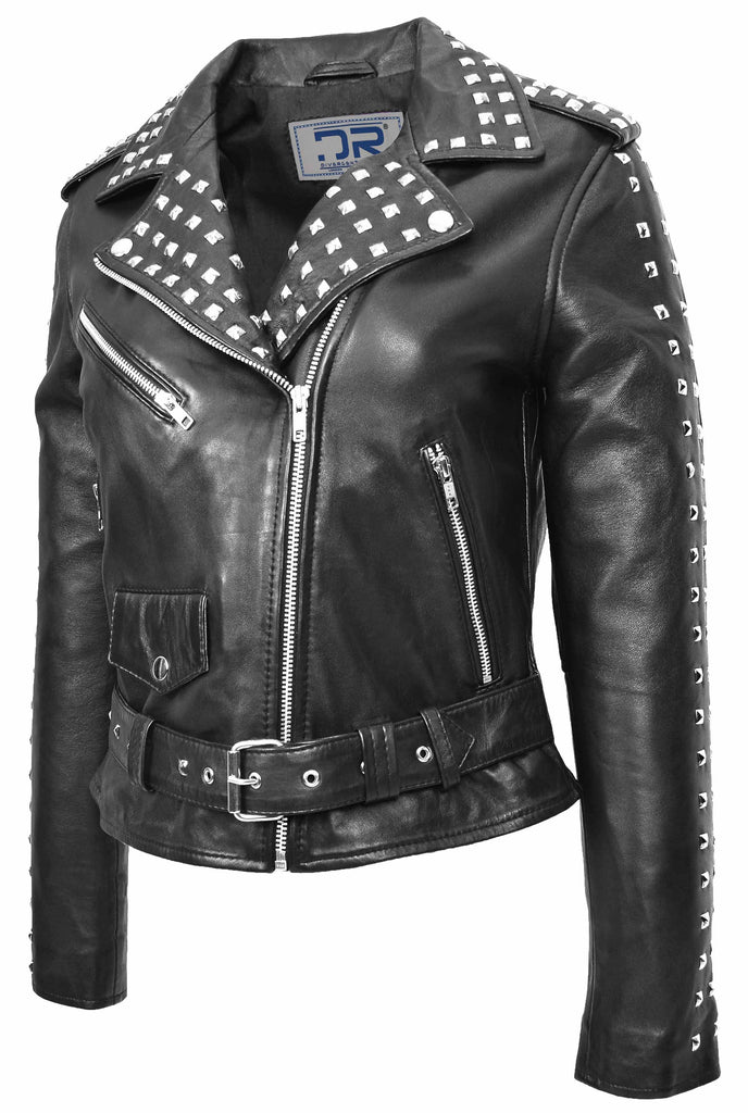 DR256 Women's Studded Biker Style Leather Jacket Black 3