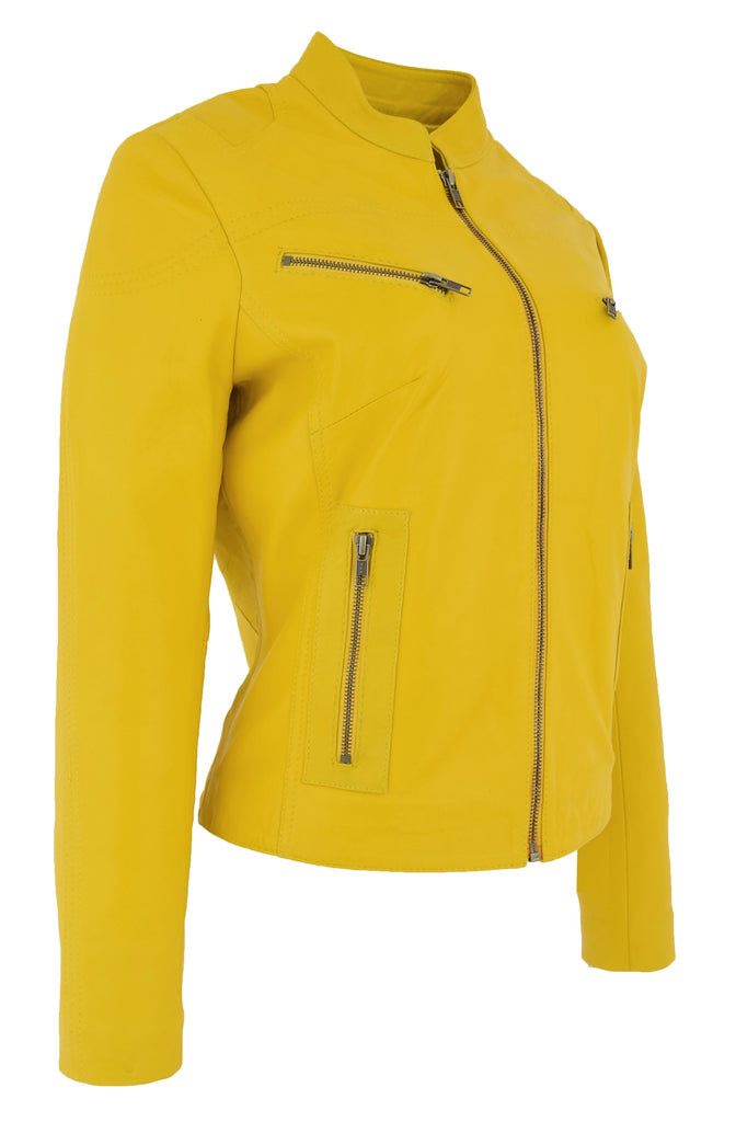 DR200 Ladies Classic Casual Biker Leather Jacket Yellow 6
