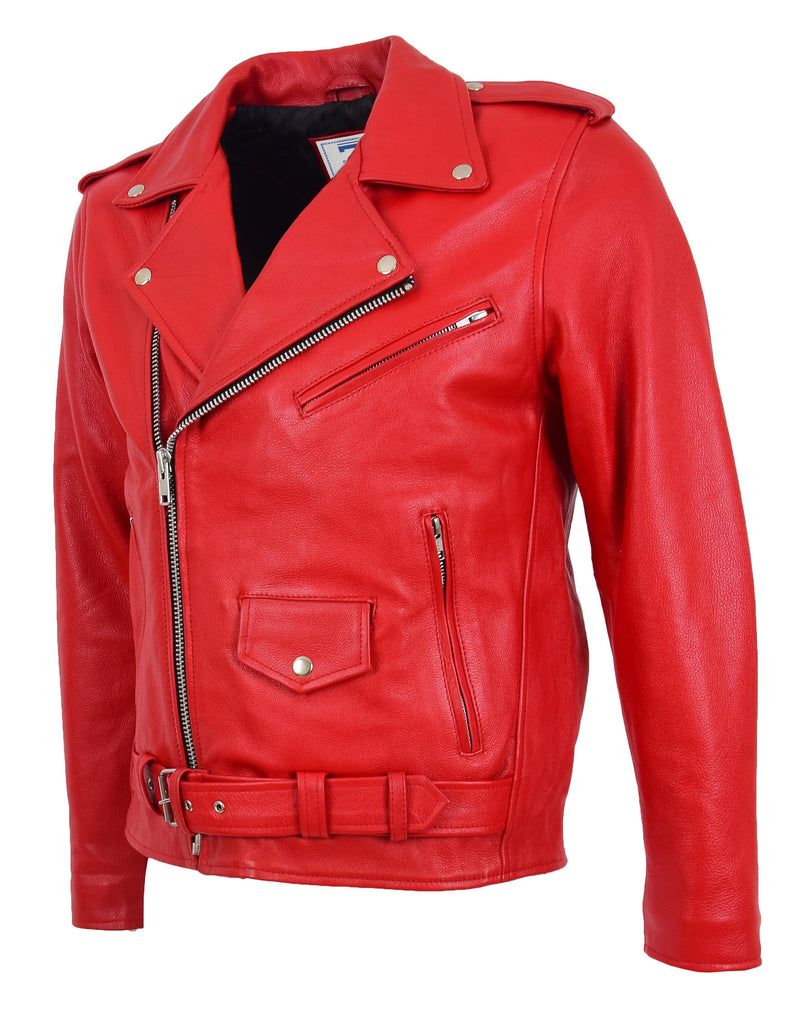 DR159 Men's New Mild Leather Biker Jacket Red 5