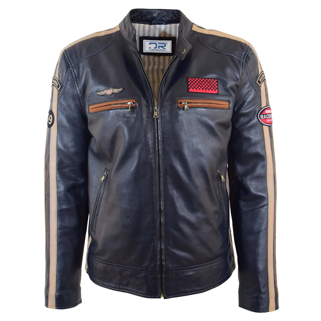 DR529 Men's Genuine Leather Cafe Racer Style Badges Biker Jacket Navy 5