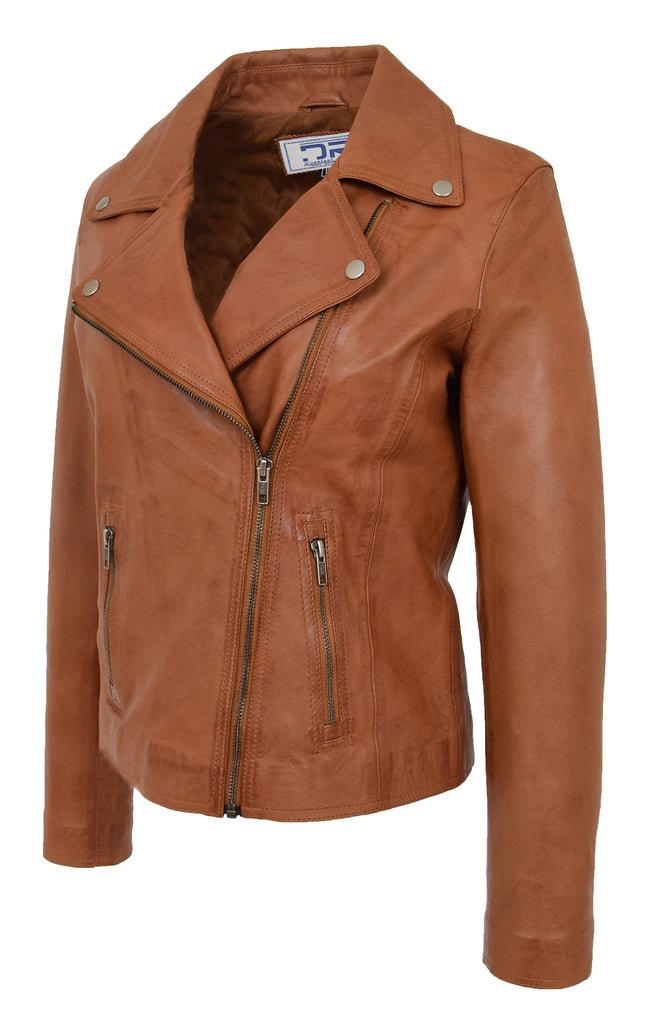 DR216 Women's Casual Smart Biker Leather Jacket Tan 4