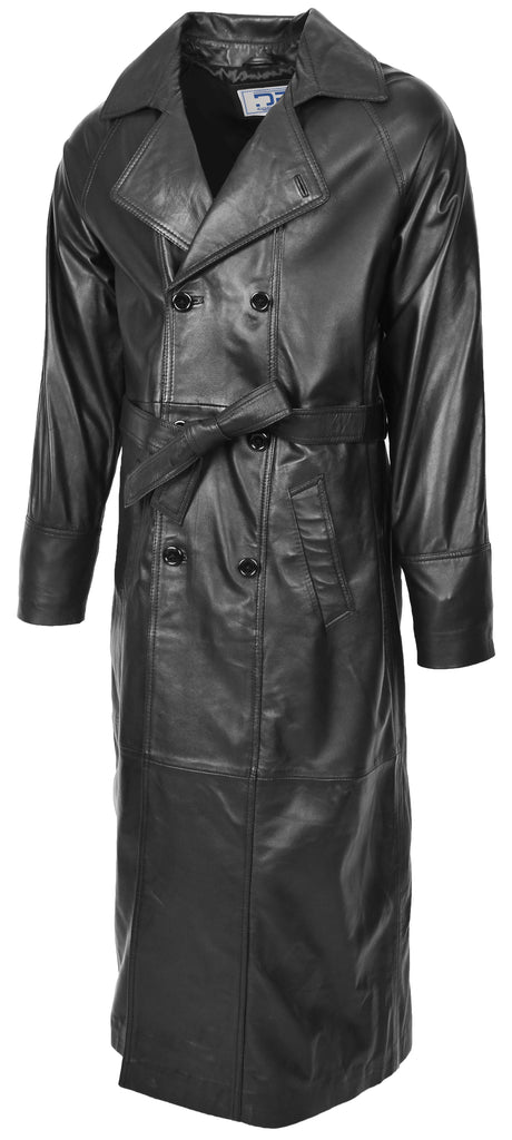 DR157 Men's Trench Double Breasted Full Length Leather Coat Black 5