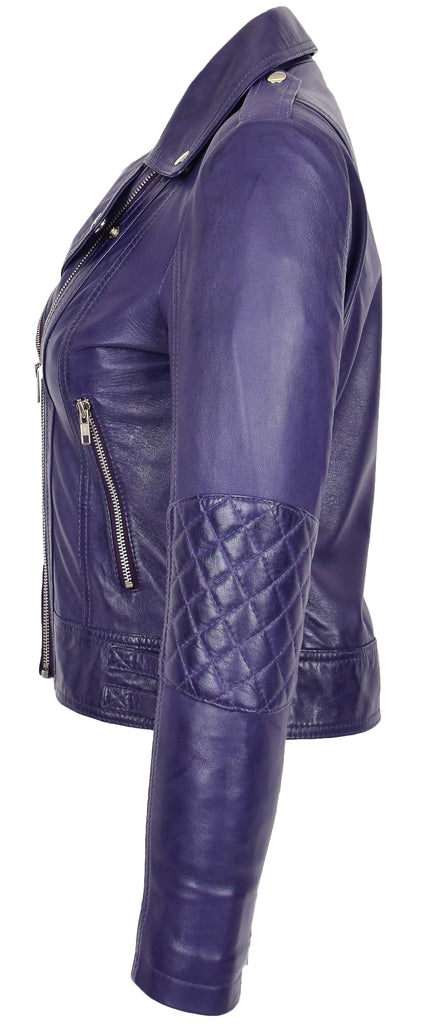 DR207 Women's Real Leather Biker Cross Zip Jacket Purple 6