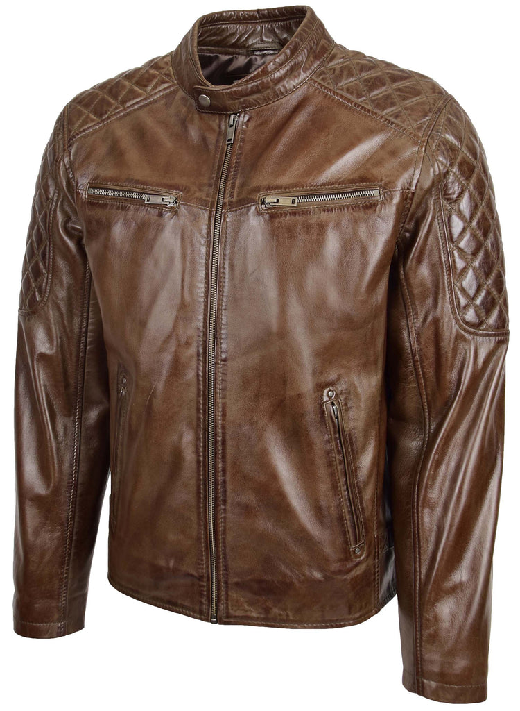 DR158 Men's Classic Quilted Biker Leather Jacket Brown 5