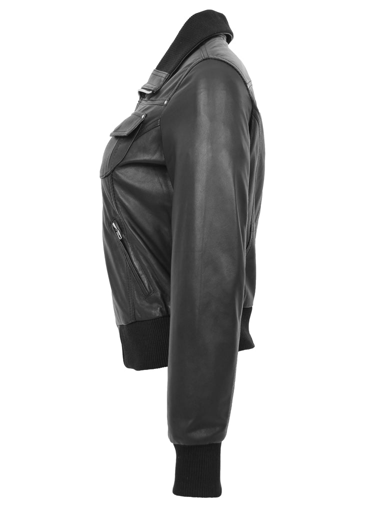 DR514 Womens Leather Classic Bomber Jacket Black 4