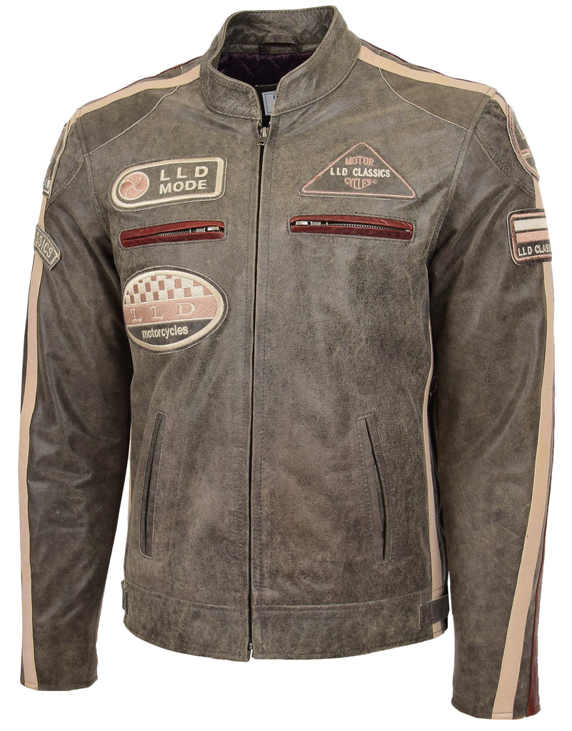 DR137 Men's Biker Leather Jacket with Badges Brown 5