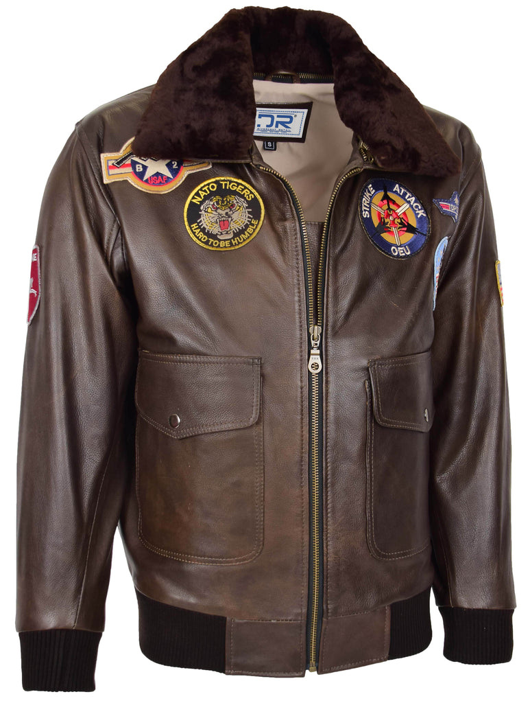 DR154 Men's Classic Top Gun Aviator Leather Jacket Brown 3