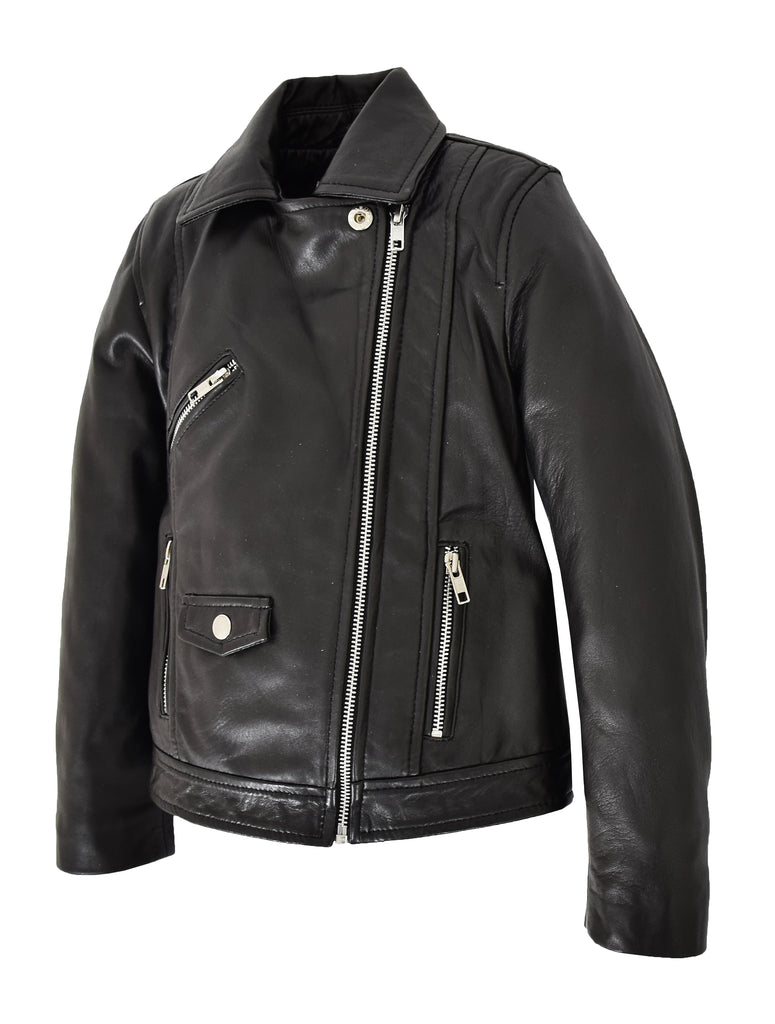 DR455 Girls Real Leather Cross Zip Biker Style Jacket Black 5