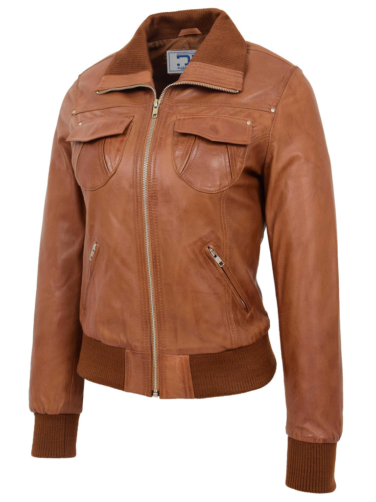 DR514 Womens Leather Classic Bomber Jacket Tan 4