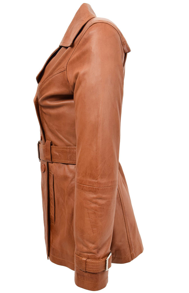 DR201 Women's Leather Buttoned Coat With Belt Smart Style Tan 5