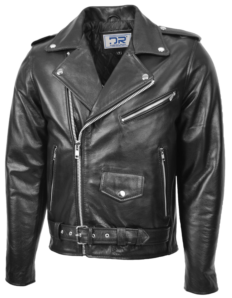 DR159 Men's New Mild Leather Biker Jacket Black 5