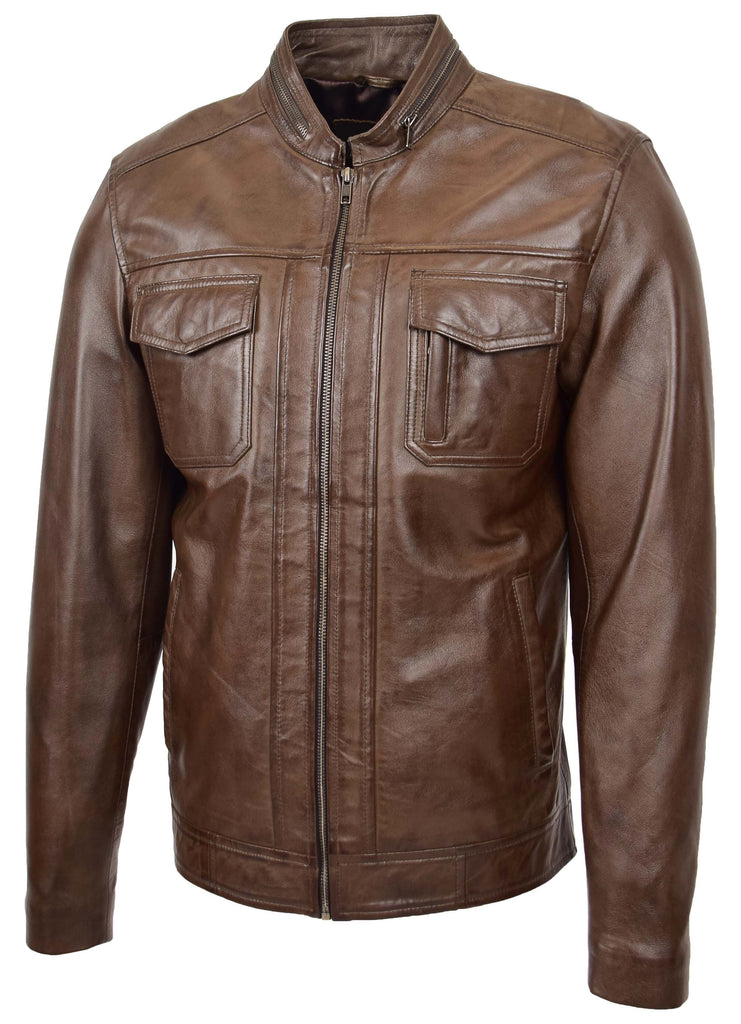 DR149 Men's Vintage Style Leather Biker Jacket Brown 5