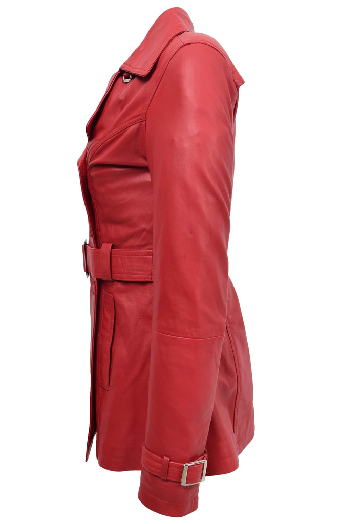 DR201 Women's Leather Buttoned Coat With Belt Smart Style Red 5