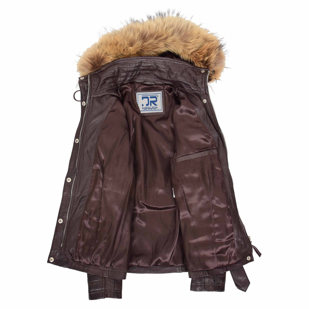 DR264 Women's Leather Parka Coat Detachable Hoodie Waist Belt Brown 6