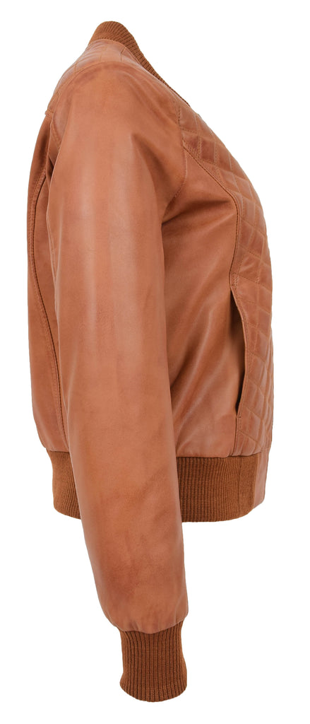 DR211 Women's Quilted Retro 70s 80s Bomber Jacket Tan 6