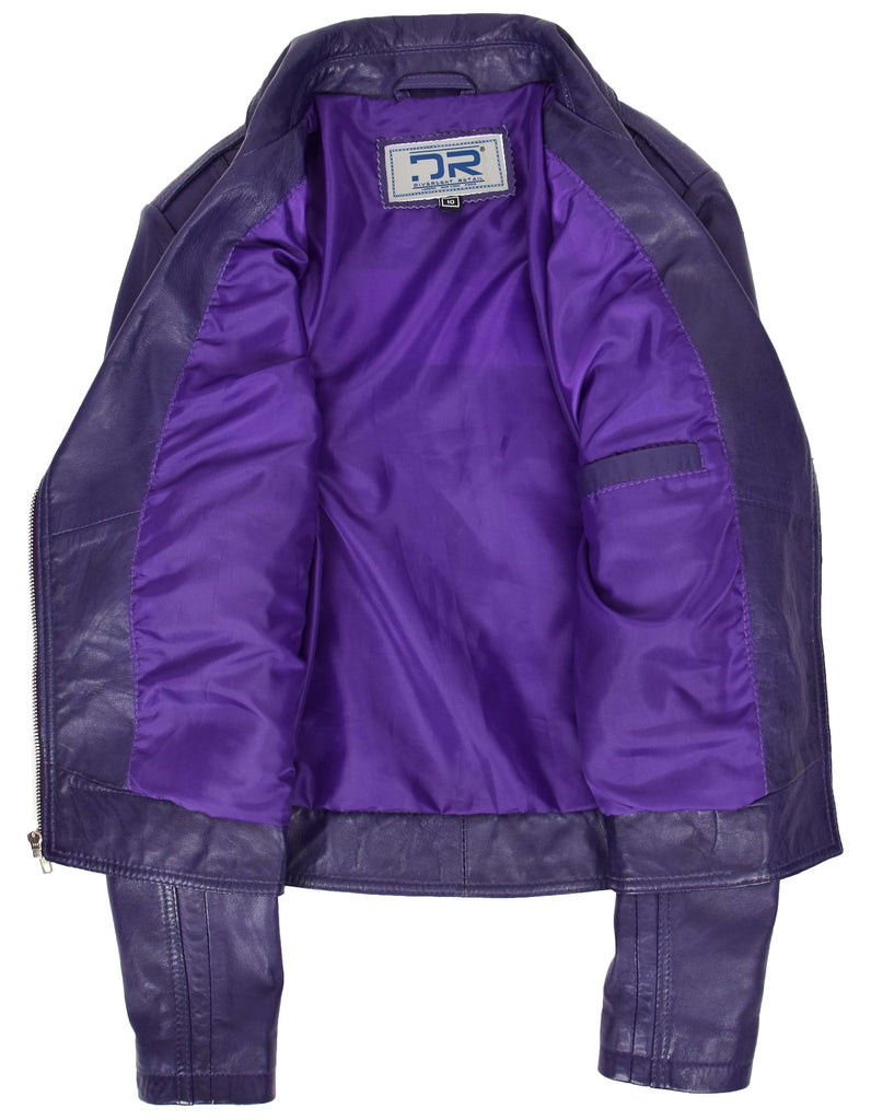 DR207 Women's Real Leather Biker Cross Zip Jacket Purple 7