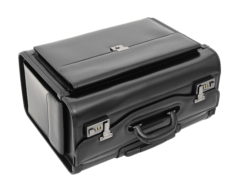 DR477 Leather Pilot Case Wheeled Lockable Laptop Bag Black  6