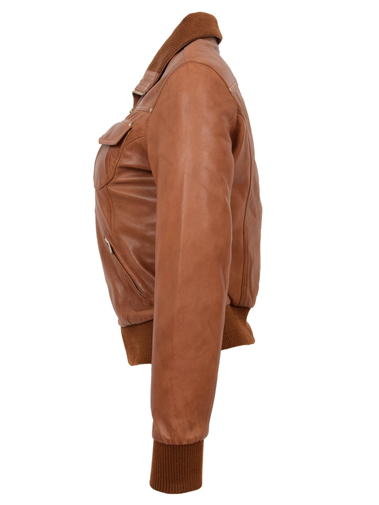 DR514 Womens Leather Classic Bomber Jacket Tan 5