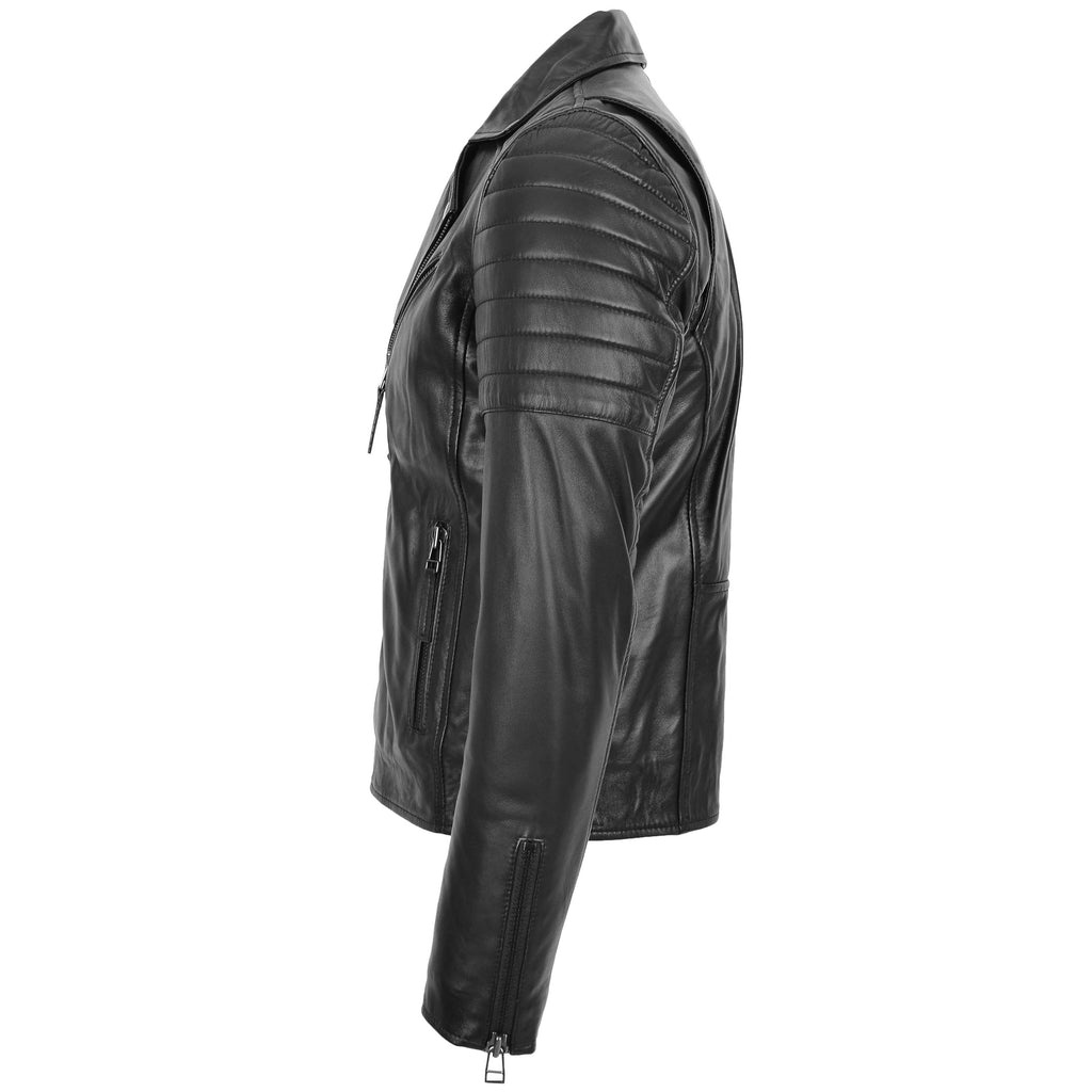 DR145 Men's Quilted Biker Leather Jacket Black 4