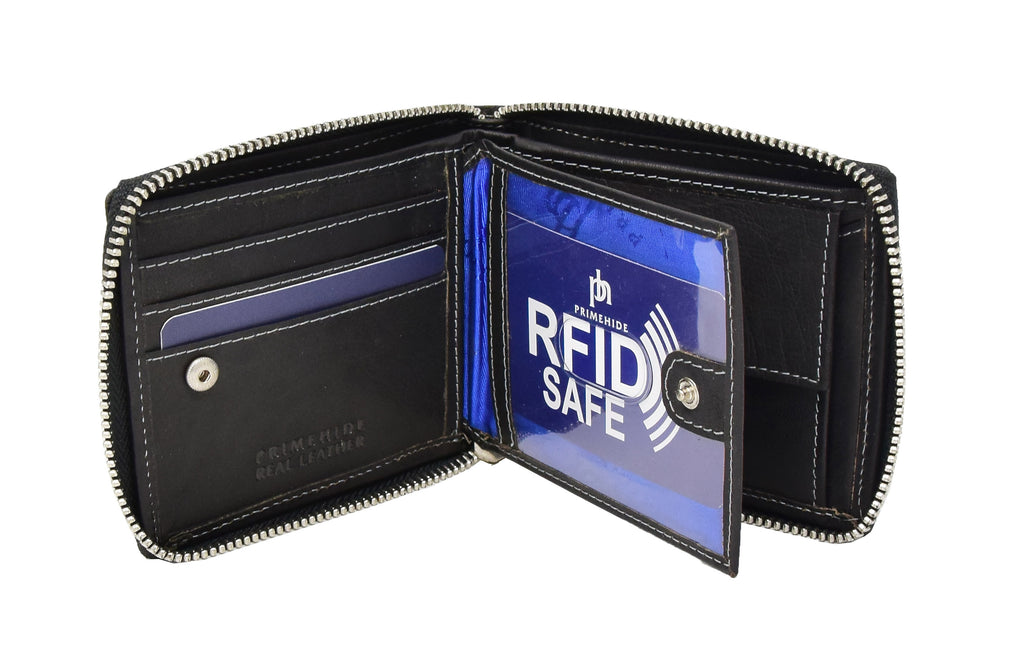DR411 Men's Rfid Zip Around Real Leather Cards Coins Wallet Black 6