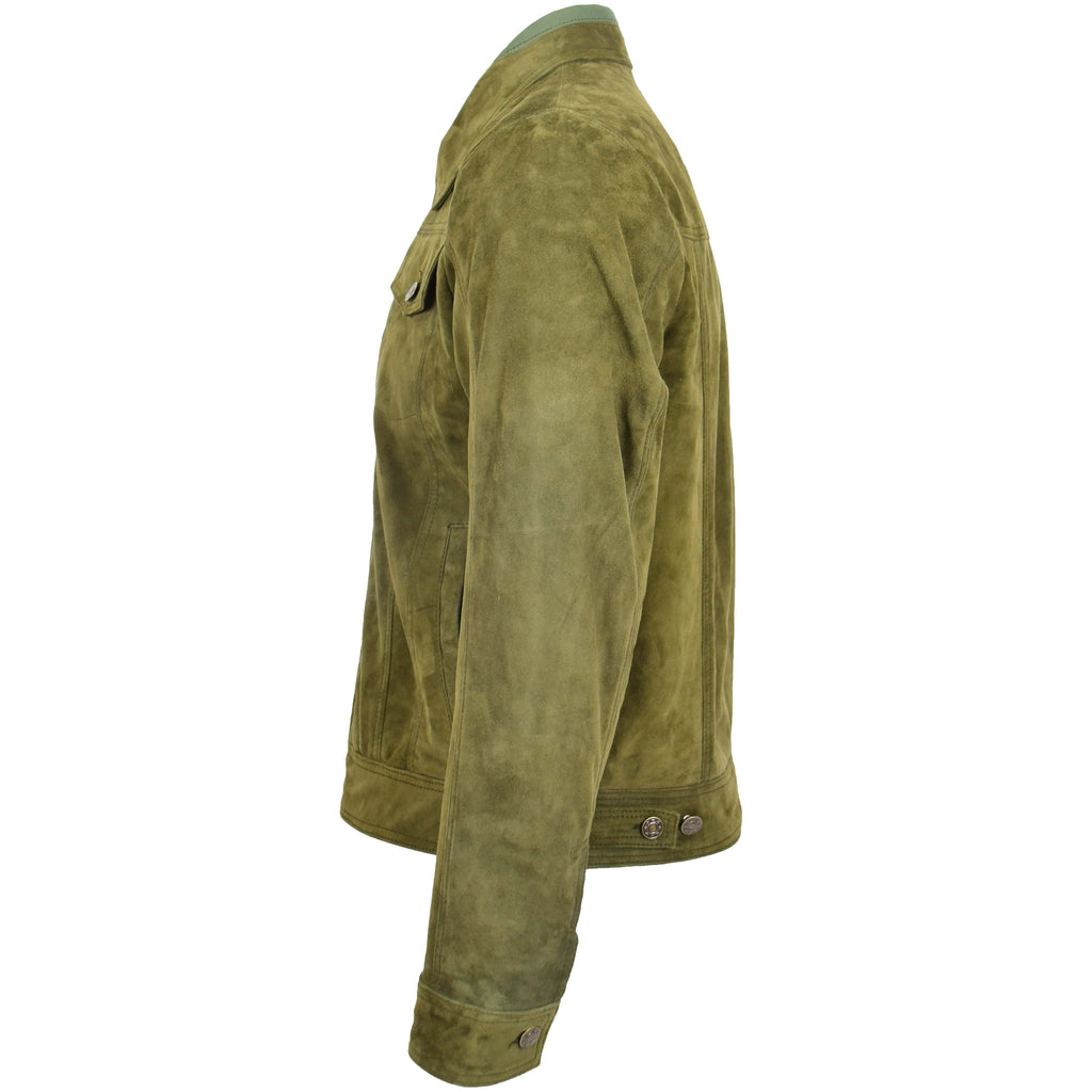 DR124 Men's Suede Buttoned Leather Short Jacket Green 5