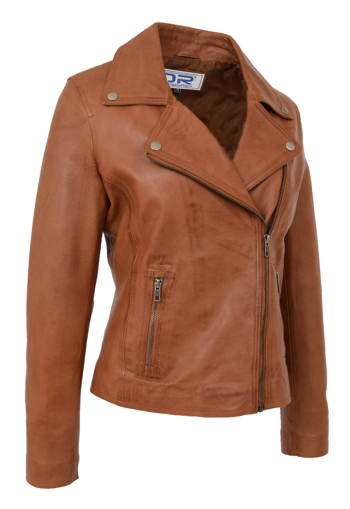 DR216 Women's Casual Smart Biker Leather Jacket Tan 5