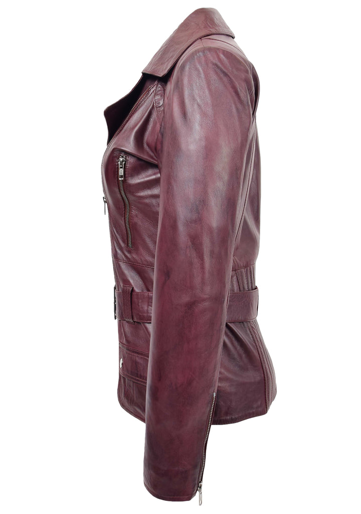 DR205 Women’s Slim Fit Cut Hip Length Biker Leather Jacket Burgundy 6