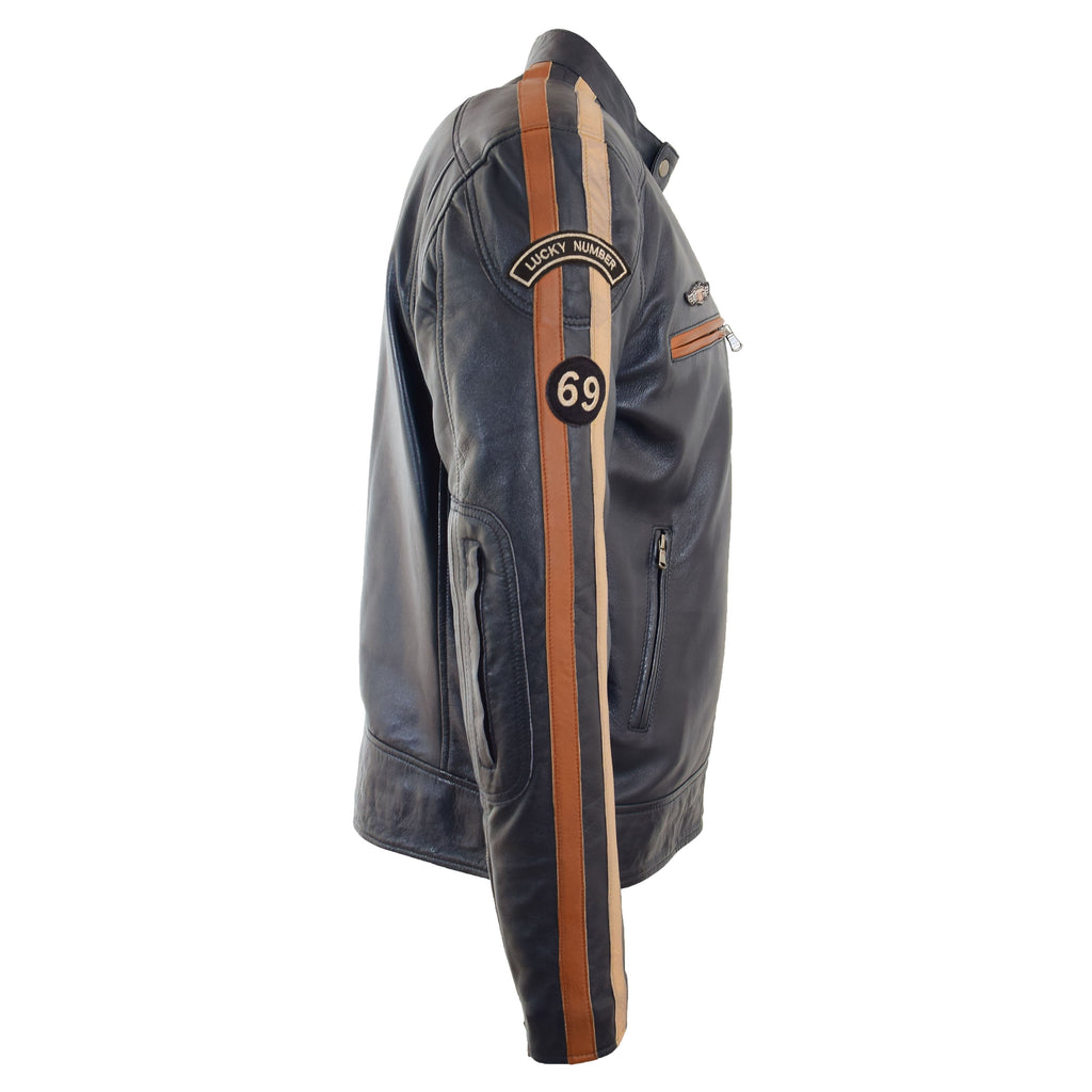 DR529 Men's Genuine Leather Cafe Racer Style Badges Biker Jacket Navy 6