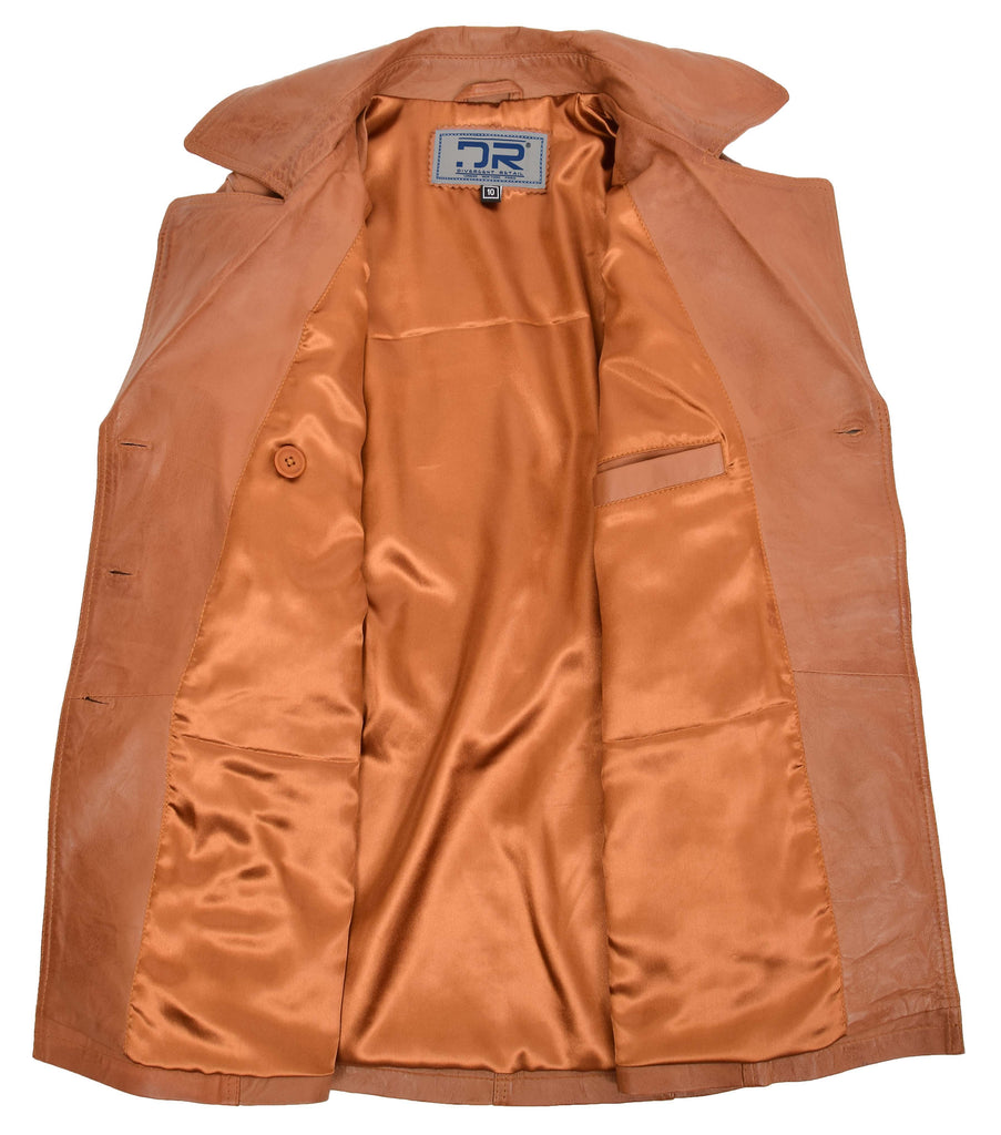 DR201 Women's Leather Buttoned Coat With Belt Smart Style Tan 6