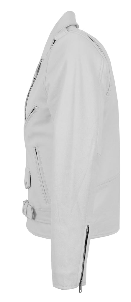 DR159 Men's New Mild Leather Biker Jacket White 4
