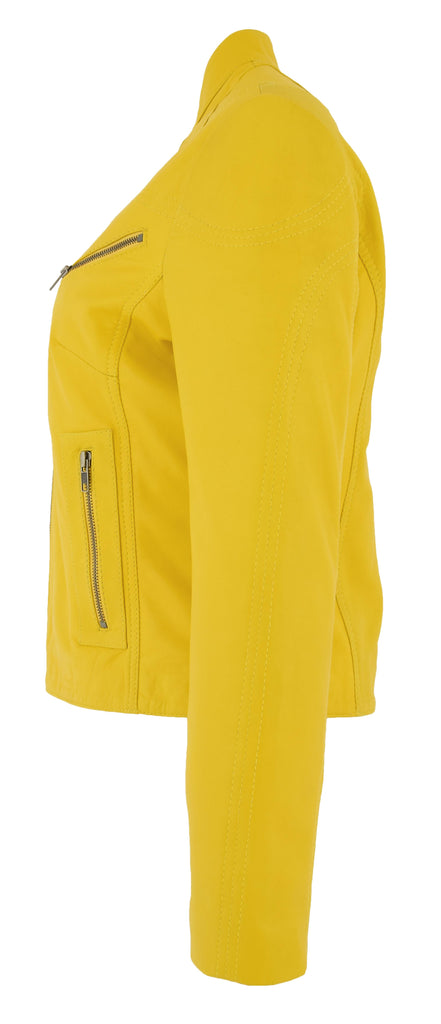 DR200 Ladies Classic Casual Biker Leather Jacket Yellow 3