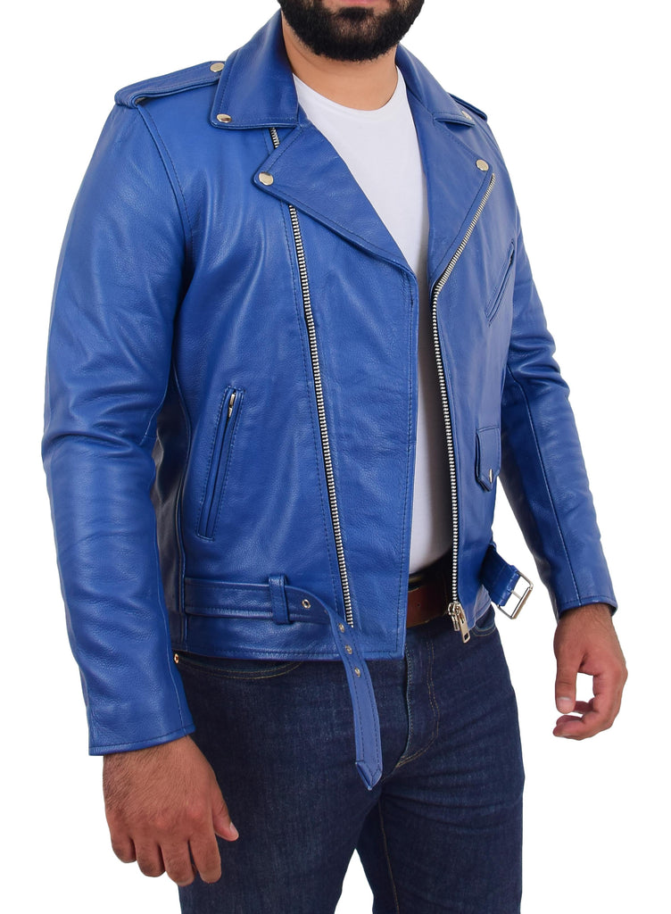 DR159 Men's New Mild Leather Biker Jacket Blue 6