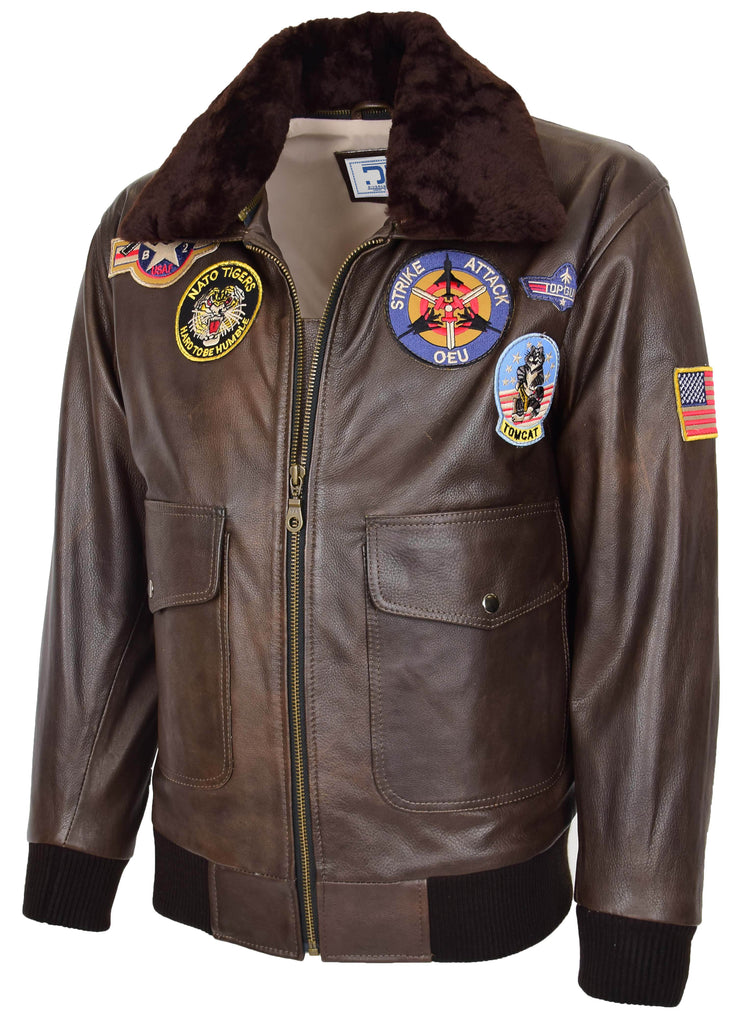 DR154 Men's Classic Top Gun Aviator Leather Jacket Brown 4