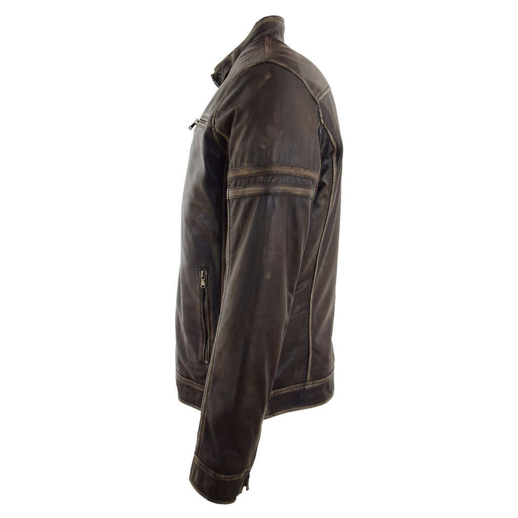 DR528 Men's Genuine Leather Biker Style Jacket Vintage Rub Off Black 6