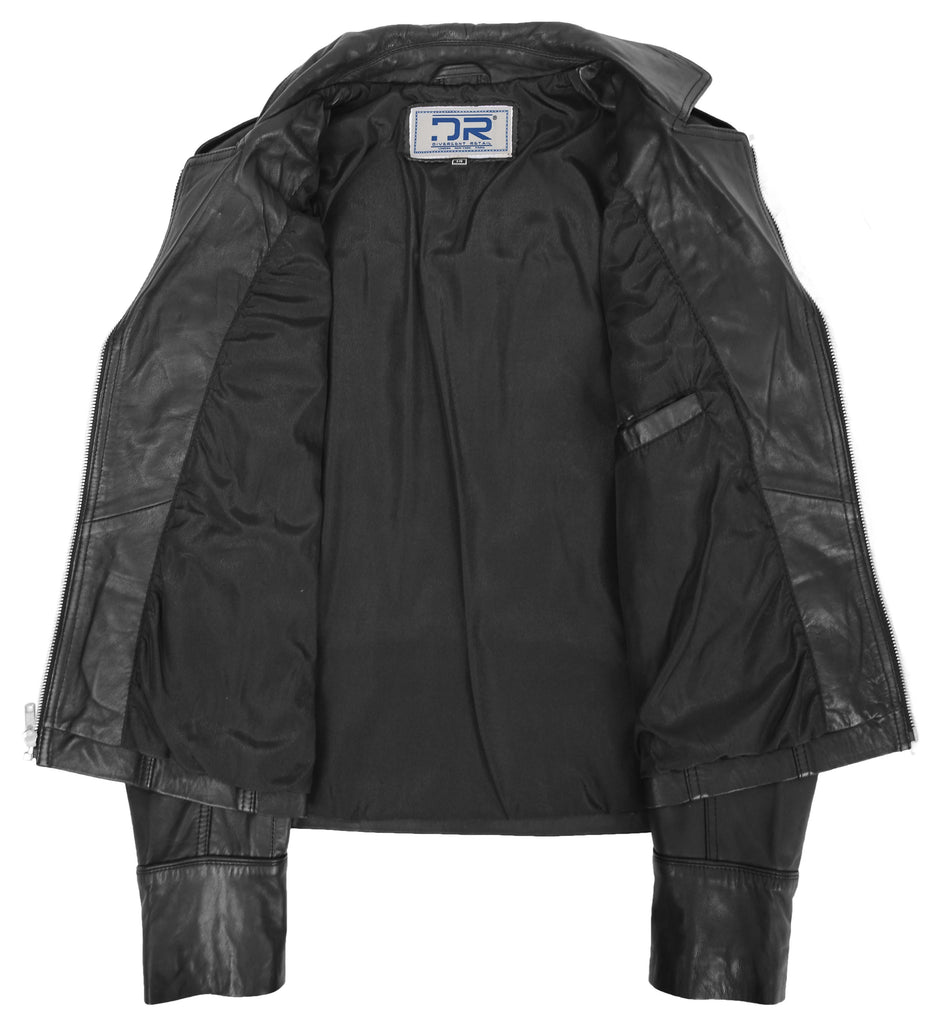 DR194 Women's Black Casual Leather Biker Jacket Short Black 7