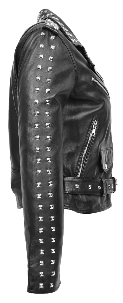 DR256 Women's Studded Biker Style Leather Jacket Black 4