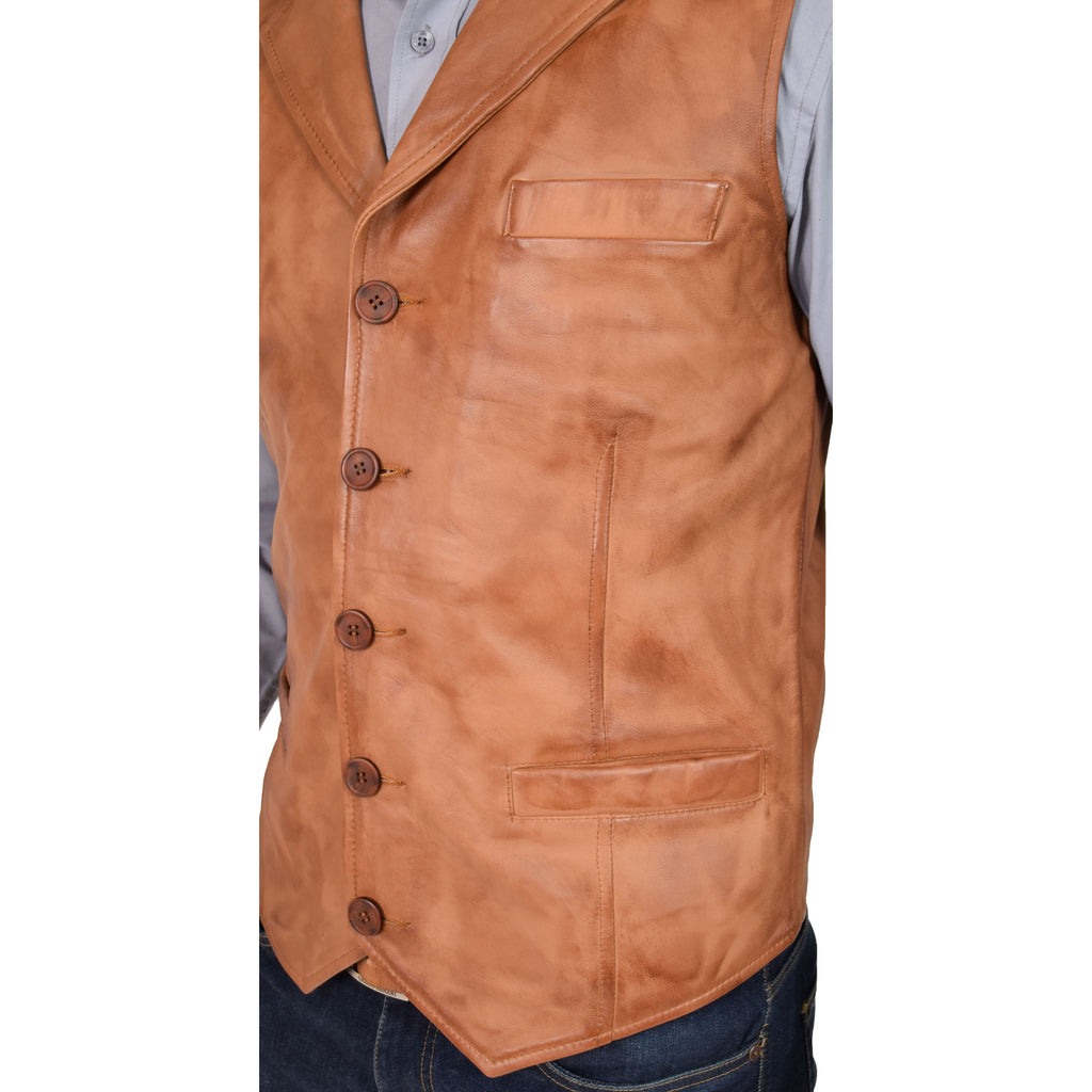 DR126 Men's Blazer Style Sheep Leather Waistcoat Tan 5