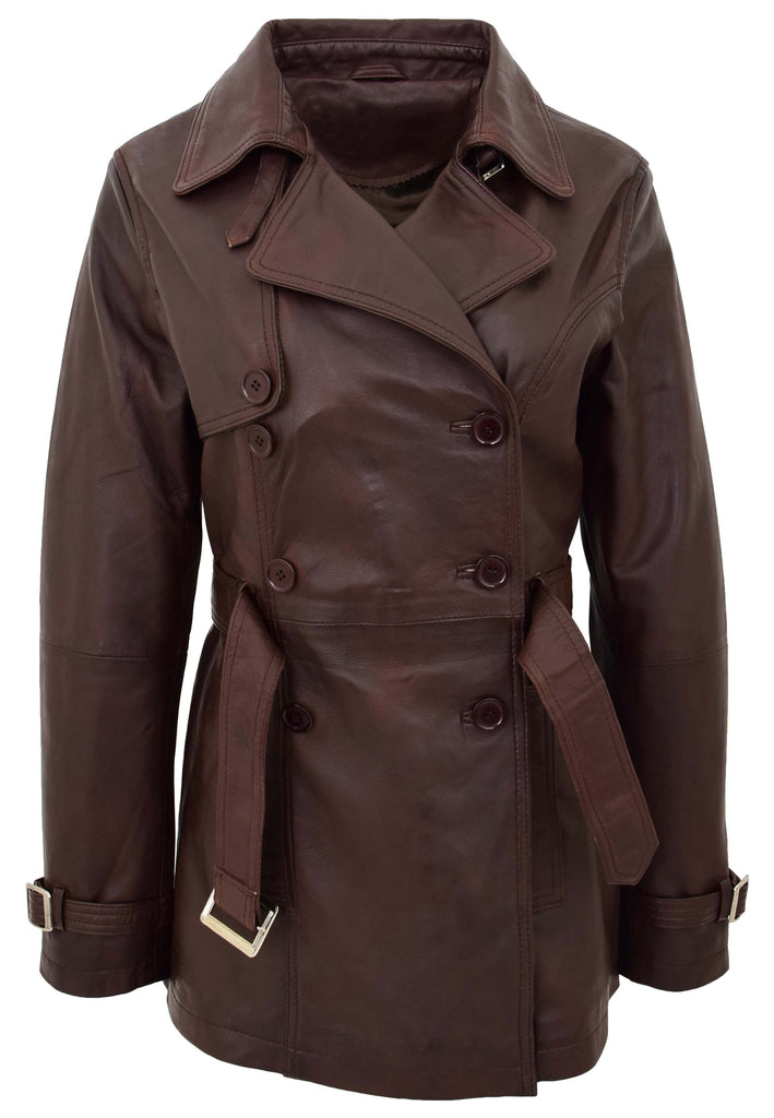 DR201 Women's Leather Buttoned Coat With Belt Smart Style Brown 7