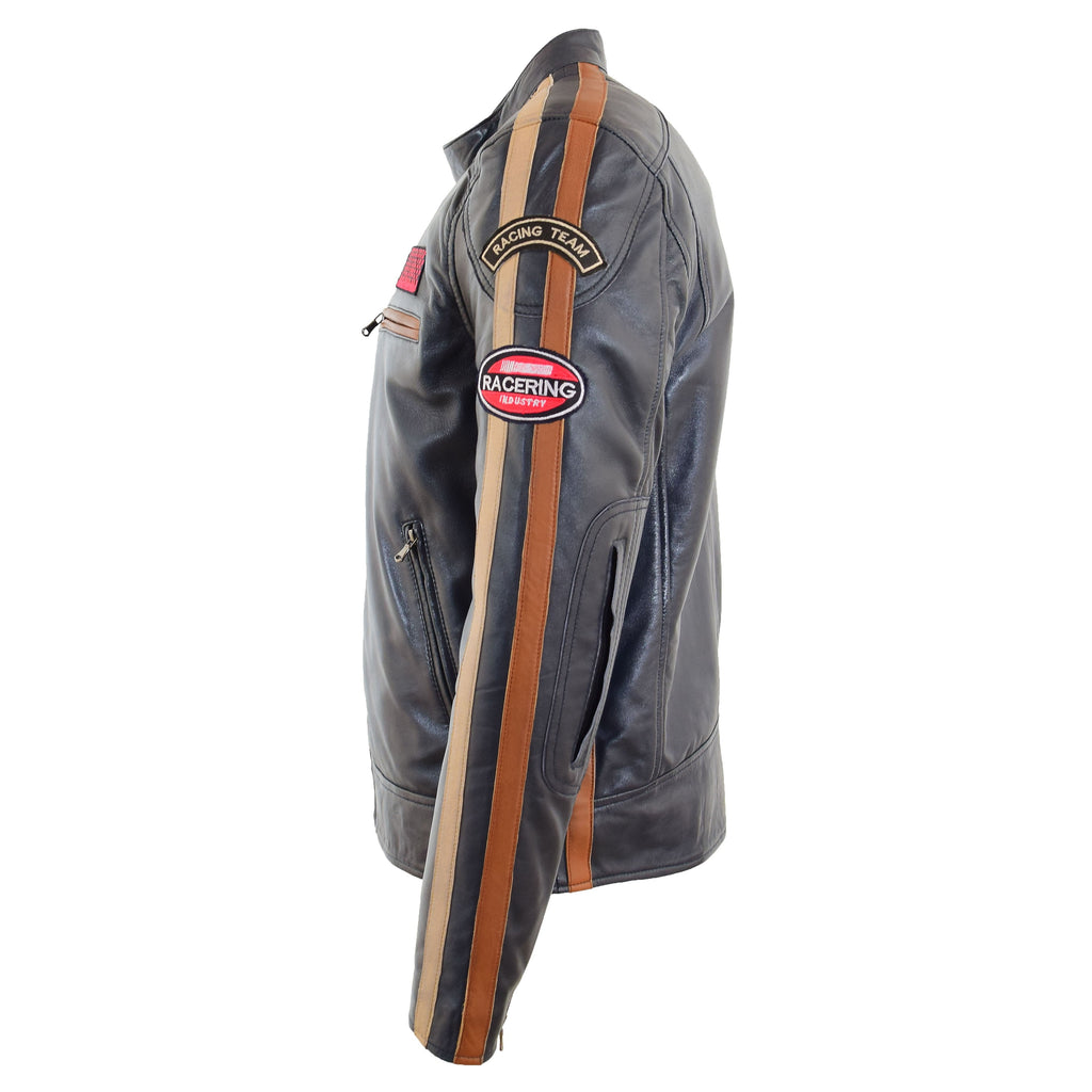 DR529 Men's Genuine Leather Cafe Racer Style Badges Biker Jacket Navy 7