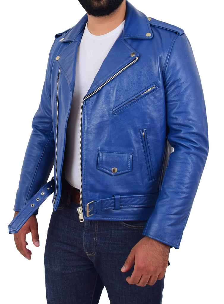 DR159 Men's New Mild Leather Biker Jacket Blue 7