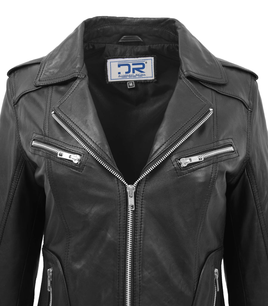DR194 Women's Black Casual Leather Biker Jacket Short Black 2