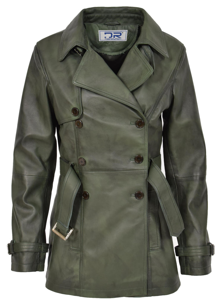 DR201 Women's Leather Buttoned Coat With Belt Smart Style Green 10