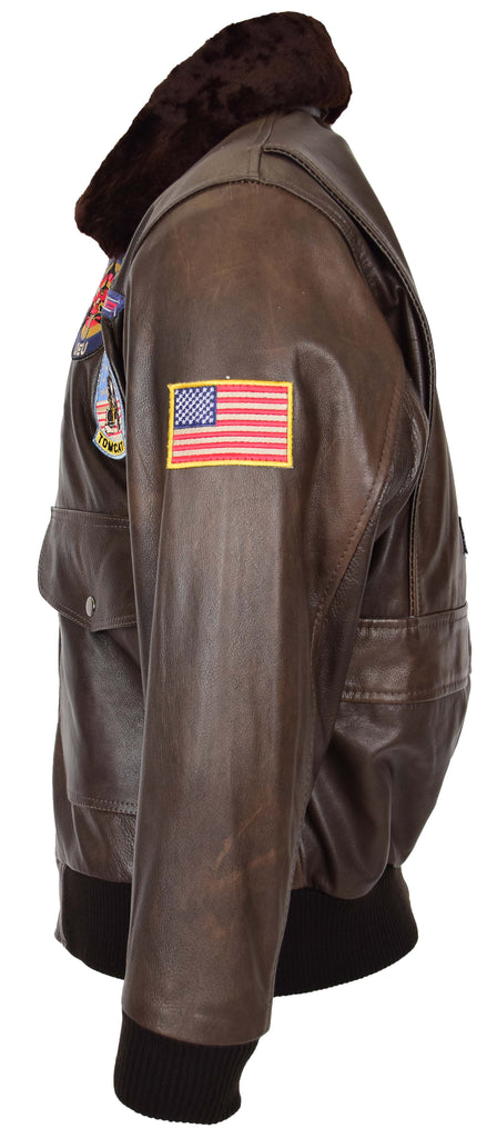 DR154 Men's Classic Top Gun Aviator Leather Jacket Brown 7