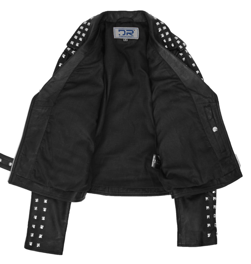 DR256 Women's Studded Biker Style Leather Jacket Black 6
