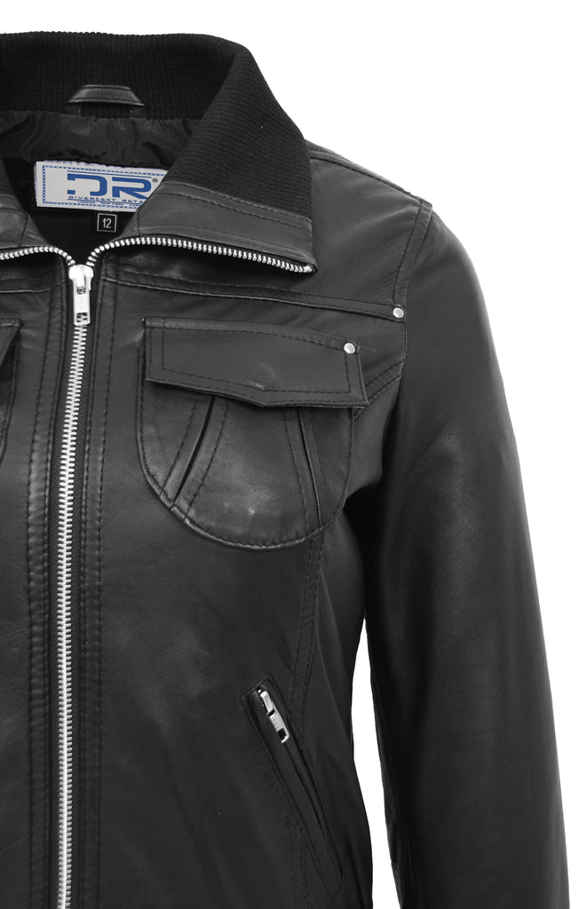 DR514 Womens Leather Classic Bomber Jacket Black 5